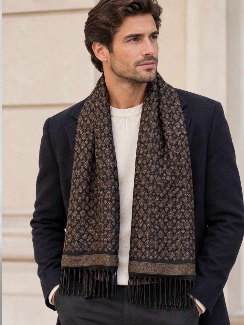 100% Pure silk Brown Patterned Fringed Scarf.Made in Italy .